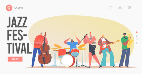 Jazz Festival Landing Page Template. Music Band on Stage Performing Concert. Artists Characters with Musical Instruments