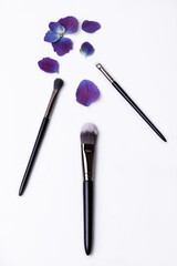 Makeup brushes isolated on a white background with purple and blue flower petals depicting natural beauty products.
