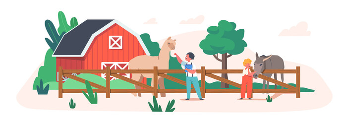 Cheerful Kids Feeding Cute Llama and Donkey at Farm or Outdoor Contact Zoo Park. Boy and Girl Giving Food to Animals