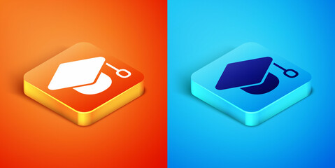 Isometric Graduation cap icon isolated on orange and blue background. Graduation hat with tassel icon. Vector