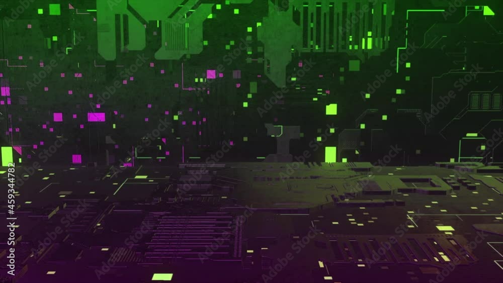 Poster flying inside cyberspace with beautiful abstract digital particles. motion. fast electrons moving in