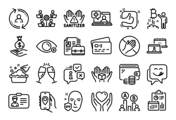 Vector set of Medical help, Hold box and Identification card line icons set. Calendar report, Money wallet and Credit card tag. Ab testing, Vacancy and Teamwork icons. Vector