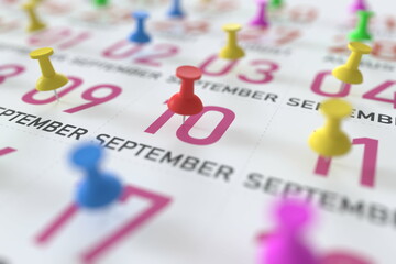 September 10 date and push pin on a calendar, 3D rendering