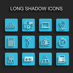 Set line Medal with star, Stacks paper money cash, Gold bars, Referral marketing, Document search, Tie, Stopwatch and Identification badge icon. Vector