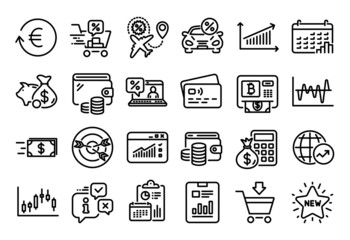 Vector set of Piggy bank, Online loan and Exchange currency line icons set. Calendar report, Money wallet and Credit card tag. Calendar graph, Candlestick graph and Finance calculator icons. Vector