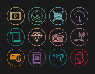 Set line Power bank, Router and wi-fi, Paper scroll, Diamond, Play Video, Radio and Film reel icon. Vector