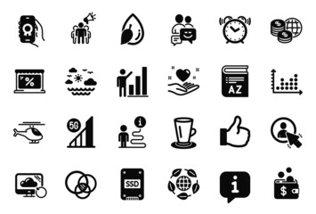 Vector Set of simple icons related to Recovery cloud, Travel sea and Like icons. Dot plot, Euler diagram and Communication signs. User, Ssd and Market. Helicopter, Water drop and Hold heart. Vector