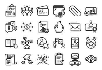 Vector set of Report, Approved checklist and Quiz test line icons set. Calendar report, Money wallet and Credit card tag. Conversation messages, Throw hats and Paper clip icons. Vector