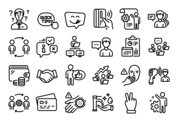 Vector set of Yummy smile, Teamwork and Workflow line icons set. Calendar report, Money wallet and Credit card tag. Wash hand, Work home and Victory hand icons. Vector