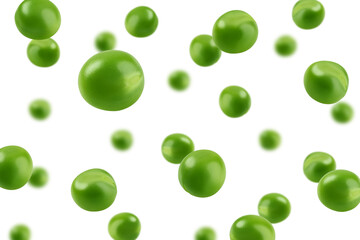 Falling green Pea, isolated on white background, selective focus