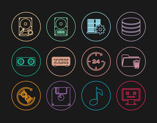 Set line Dead monitor, Delete folder, Server setting, Retro flip clock, Stereo speaker, Hard disk drive HDD sync refresh, Clock 24 hours and icon. Vector