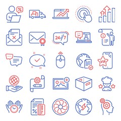 Technology icons set. Included icon as Cogwheel blueprint, Safe time, Online voting signs. Credit card, Approved, Thoughts symbols. Safe planet, Text message, Truck transport. Best chef. Vector