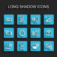 Set line Power bank setting, Old hourglass with sand, Fast payments, Printer, Radio, Stopwatch, Laptop and Router wi-fi icon. Vector