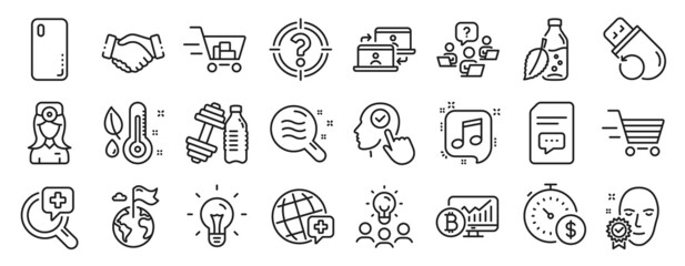 Fototapeta na wymiar Set of Business icons, such as Destination flag, Last minute, Smartphone cover icons. Musical note, World medicine, Business idea signs. Outsource work, Thermometer, Handshake. Idea. Vector
