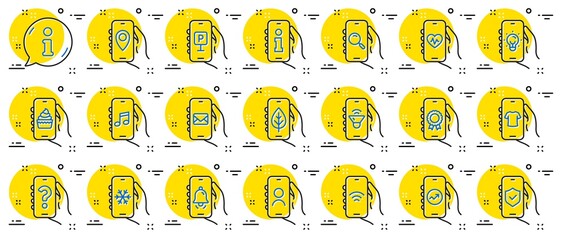 Hand Holding Phone line icons. Music sound, Sms or Mail Message, Wifi internet. Notification Reminder, Shirt shop, Information line icons. Question mark, Phone approved protection. Vector