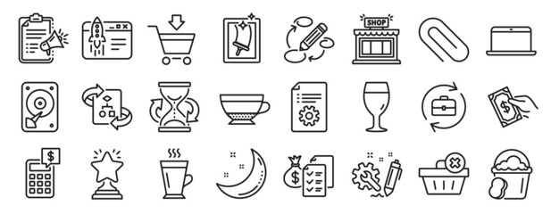 Set of line icons, such as Moon stars, Winner, Hdd icons. Human resources, Technical algorithm, Window cleaning signs. Calculator, Megaphone checklist, Pay money. Paper clip, Beer glass. Vector