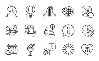 Fototapeta premium Holidays icons set. Included icon as Puzzle time, Ice cream, Say yes signs. Flight destination, World travel, Roller coaster symbols. Air balloon, Sun, Calendar discounts. Discount button. Vector