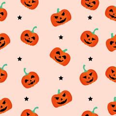 Cute bright cartoon seamless pattern for Halloween with pumpkins and stars. Suitable for wallpaper, wrapping paper and fabric or textile pattern