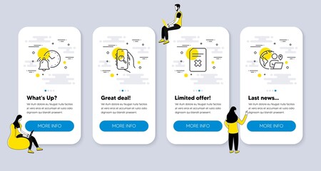 Vector Set of Technology icons related to Search app, Delete file and Alarm clock icons. UI phone app screens with people. Outsource work line symbols. Vector