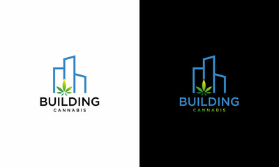 Building cannabis line art logo design vector template. on a black and white background.
