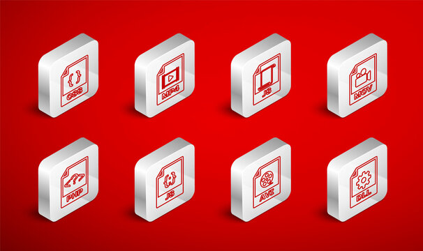 Set line DLL file document, MP4, JS, MOV, AVI, CSS, and PHP icon. Vector