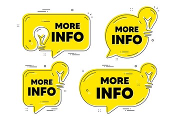 More info text. Idea yellow chat bubbles. Navigation sign. Read description symbol. More info chat message banners. Idea lightbulb balloons. Vector