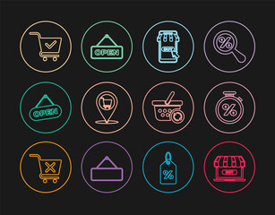 Set line Online shopping, Stopwatch and percent, Mobile cart, Location, Hanging sign with Open door, Shopping check mark, Refresh basket and icon. Vector