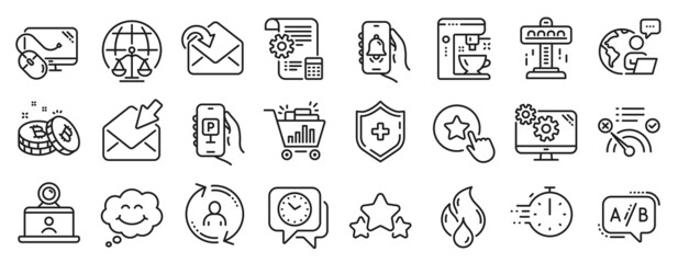 Set of Technology icons, such as No internet, Settings blueprint, Magistrates court icons. Receive mail, Flammable fuel, Clock signs. User info, Video conference, Stars. Medical shield. Vector