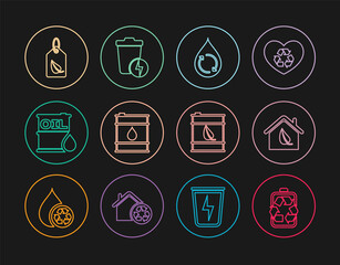 Set line Battery with recycle, Eco friendly house, Recycle clean aqua, Oil barrel, Tag leaf, Bio fuel and Lightning trash can icon. Vector