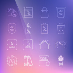 Set line Light bulb with world globe, Eco car drive leaf, Send to the trash, Shopping bag, Tag, Recycle inside shield, friendly house and nature and battery icon. Vector