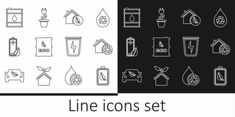 Set line Eco nature leaf and battery, House with recycling, friendly house, Bio fuel barrel, Oil, Lightning trash can and Electric saving plug pot icon. Vector