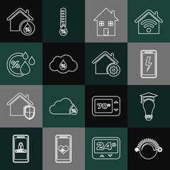 Set line Thermostat, Light bulb and graduation cap, Mobile charging battery, House, Humidity, humidity and Smart home settings icon. Vector