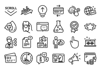 Naklejka na ściany i meble Vector set of Like, 48 hours and Seo message line icons set. Calendar report, Money wallet and Credit card tag. World mail, Hand click and Chemistry lab icons. Vector