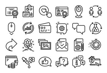 Vector set of Workflow, Approved mail and Timer line icons set. Calendar report, Money wallet and Credit card tag. Photo album, Scroll down and Cogwheel icons. Vector