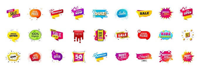 Best sale offer banners. Discounts price deal stickers. Special offer 3d bubble. Promotion sale tag coupons. Best discount deal sticker templates. Quiz bubble banner. Promotion Ad labels. Vector