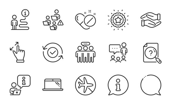 Business icons set. Included icon as Search document, Helping hand, Security confirmed signs. Laptop, Medical pills, Teamwork symbols. Winner star, Employees group, People chatting. Vector