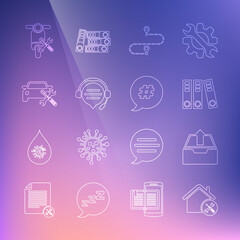 Set line House service, Upload inbox, Office folders, Route location, Headphones with speech bubble chat, Car, Scooter and Hashtag icon. Vector
