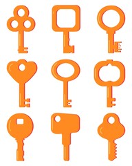 A set of different keys in yellow. Key for the keyhole.