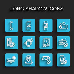 Set line Air conditioner service, Toaster, Wrench, Gamepad, Blender, Processor, Radio and Hard disk drive icon. Vector