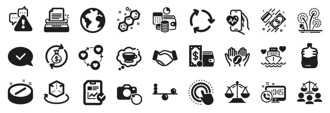 Set of Business icons, such as Recovery photo, Court jury, Payment icons. Cardio training, Chemical formula, World planet signs. Fireworks, Cooler bottle, Balance. Budget accounting. Vector