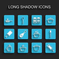 Set line Coffee cup, Cooking pot, Frying pan, Grater, Kitchen whisk, Fork and icon. Vector