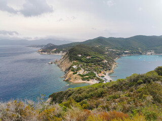 Aerial view of the northern little peninsula in Elba island seen from the top of Monte Enfola,...
