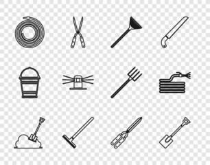 Set line Shovel in the ground, Garden shovel, rake for leaves, hose fire hose, Automatic irrigation sprinklers, Gardening handmade scissor and icon. Vector