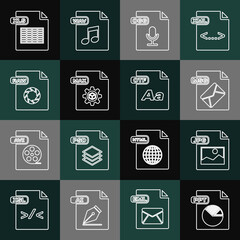 Set line PPT file document, JPG, MSG, OGG, MAX, RAW, XLS and OTF icon. Vector