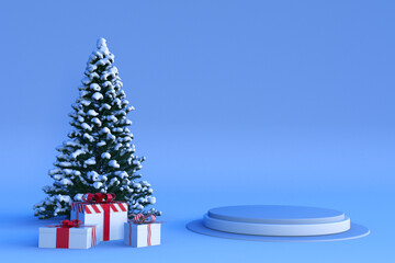 Happy New Year or Christmas Background With 3D Podium and winter decorations. Design for greeting card, poster, banner with Gift box, snow covered Christmas tree.