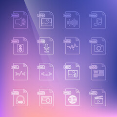 Set line MOV file document, DOC, RAW, WAV, OGG, WMA and MP3 icon. Vector
