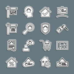 Set line Hanging sign with Open house, House plan, key, check mark, Search, Sold and under protection icon. Vector