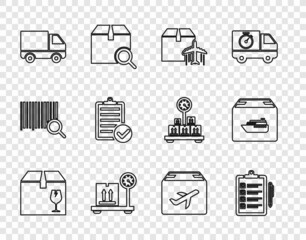 Set line Delivery box with fragile content, Verification of delivery list, Plane and cardboard, Scale, cargo truck vehicle, and Cargo ship boxes icon. Vector