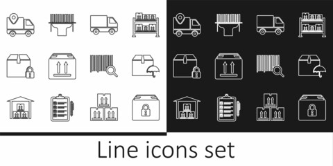 Set line Locked package, Delivery with umbrella, cargo truck vehicle, Cardboard box traffic, tracking, Search barcode and Scanner scanning icon. Vector