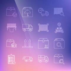 Set line Search package, Scale with cardboard box, Delivery truck and clock, cargo vehicle, Scanner scanning bar code, Package check mark and Barcode icon. Vector
